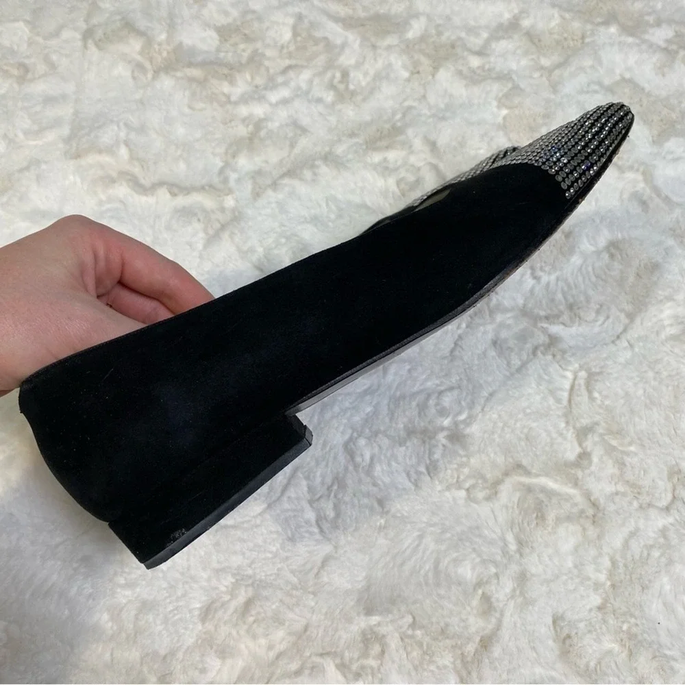 Escada Vero Cuoio Black Pointed Toe Crystal Rhinestone Velvet‎ Flats Size 39.5